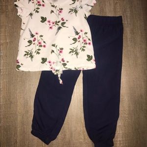 Floral Top and Blue pants with gathered cuffs